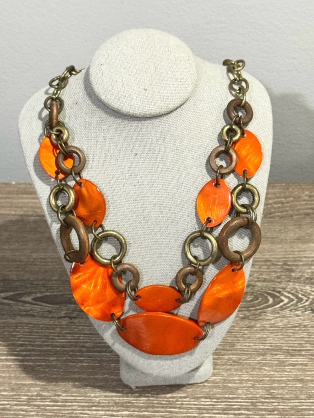 Vintage Goldtone Orange Acrylic Bead Wood Necklace Adjustable 24” Chain Jewelry